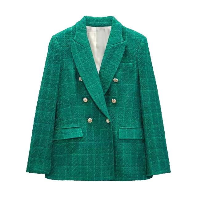 Women Jacket Autumn Fashion Double Breasted Tweed Check Blazer Coat Vintage Long Sleeve Pockets Female Outerwear
