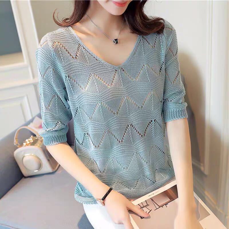 

Весенне-летняя женская кофта с полым V-образным вырезом, рукавом средней длины, короткая, тонкая, вязаная, базовая 3XL светло-синий
