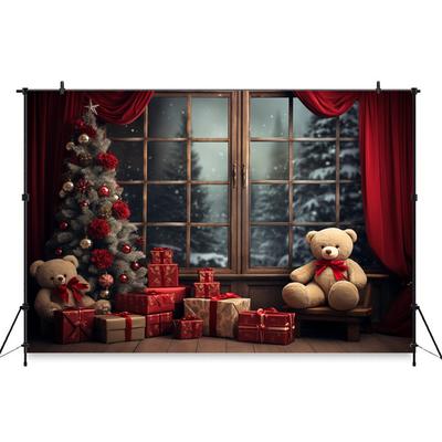 Merry Christmas Photo Background For Children Indoor Window Home Xmas Tree Bear Gift Photography Backdrop Stand Studio Photozone