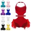 Sparkly Rhinestones Girls Dance Leotard Halter Neck with Feather Skirt Latin Performance Costume