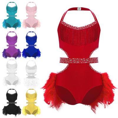 Barn Latin Dansetøy Glitrende Rhinsteiner Halter Leotard Fjærskjørt Opptredelseskostyme