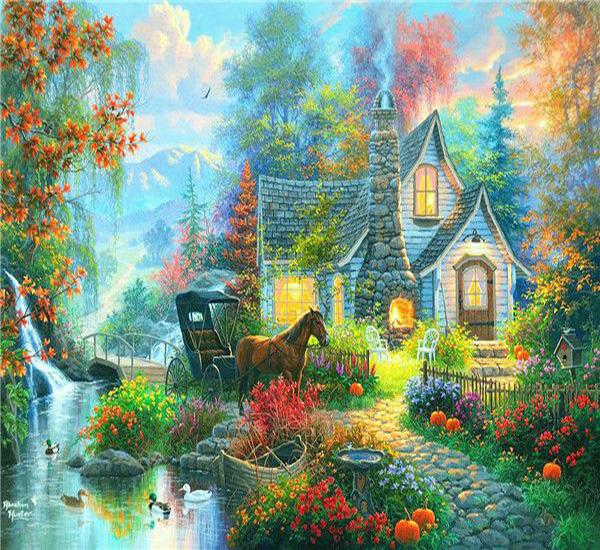RUOPOTY Oil Painting By Numbers Lake Landscape Handpainted Unique Gift Pictures By Numbers Pavilion Spring For Adults Home Decor
