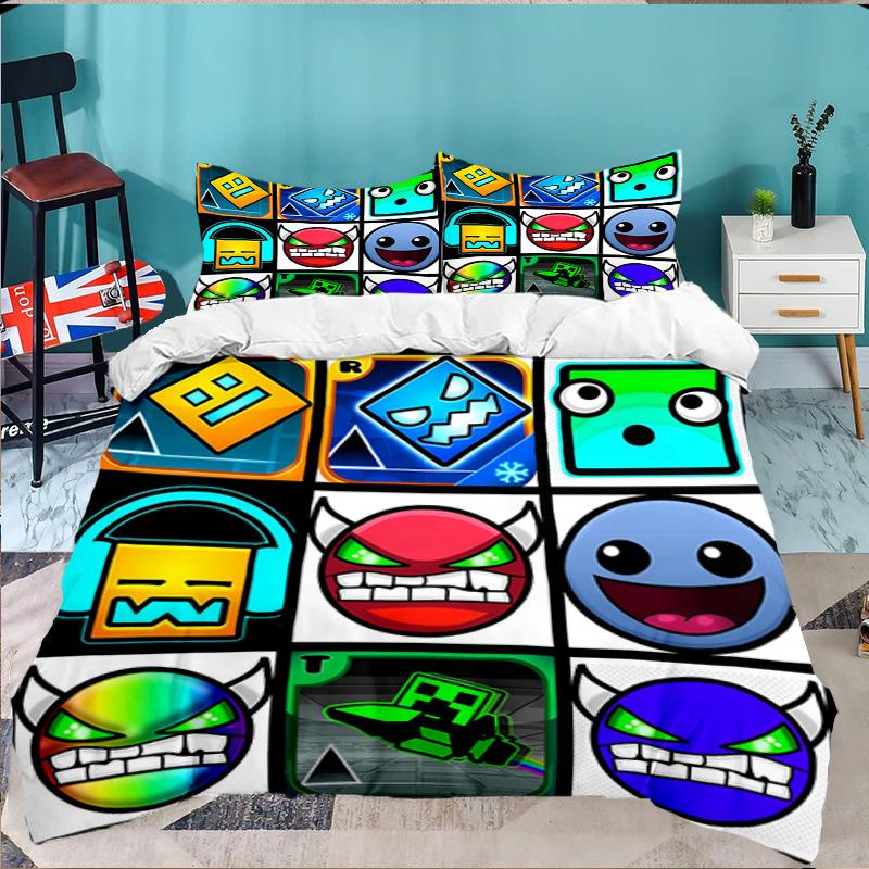 Set Biancheria da Letto 3 Pezzi Personaggi Colorati Geometry Dash, Ideale per 1 Copripiumino e 2 Federe Perfetto per Regalo Fan, Ideale per Camera da Letto, Dormitorio