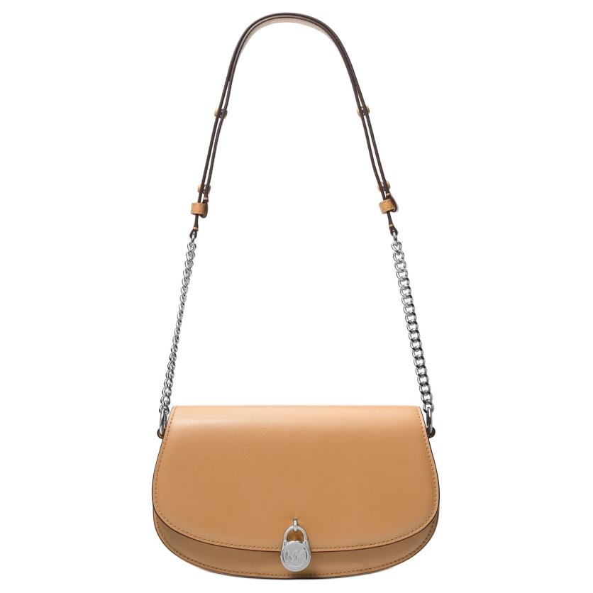 

Michael Kors Solid Simple Leather Saddle Bag With Silver Lock Decoration Women Shoulder Bag Beige 35T5SIMM8L-PEANUT Basic Set (Bag+Dust Bag)