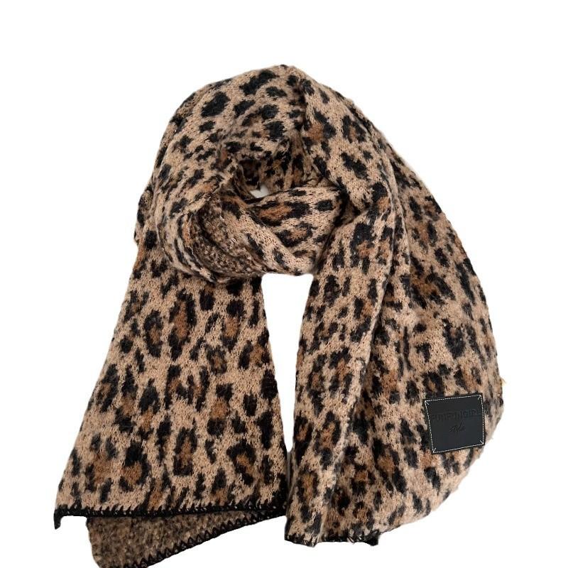 Leopard Print Plush Scarf Women's Winter New Retro Thickened Warm Millennial Babes Style Scarf Shawl Student