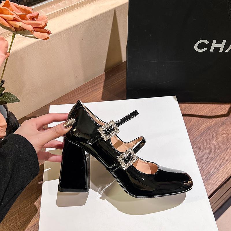 

2025 new rhinestone French Mary Jane shoes autumn and winter black high heels women s thick heels light mouth small leather shoes single shoes 34