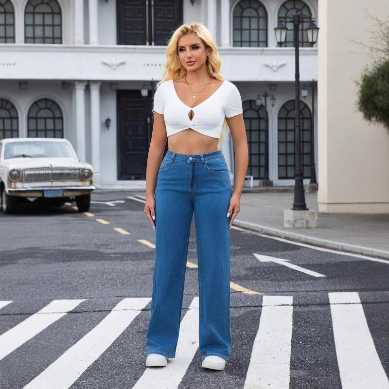 High-Waisted Wide Leg Straight Cut Jeans Women - Loose Fit Flowy Drape Slimming Effect Korean Style Denim Pants