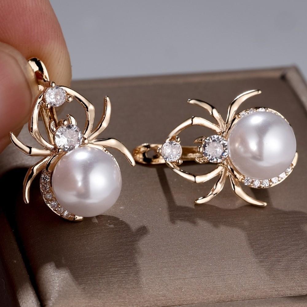 Imitation Pearl Spider Hoop Earrings Gold Color Vintage Retro Jewelry For Women