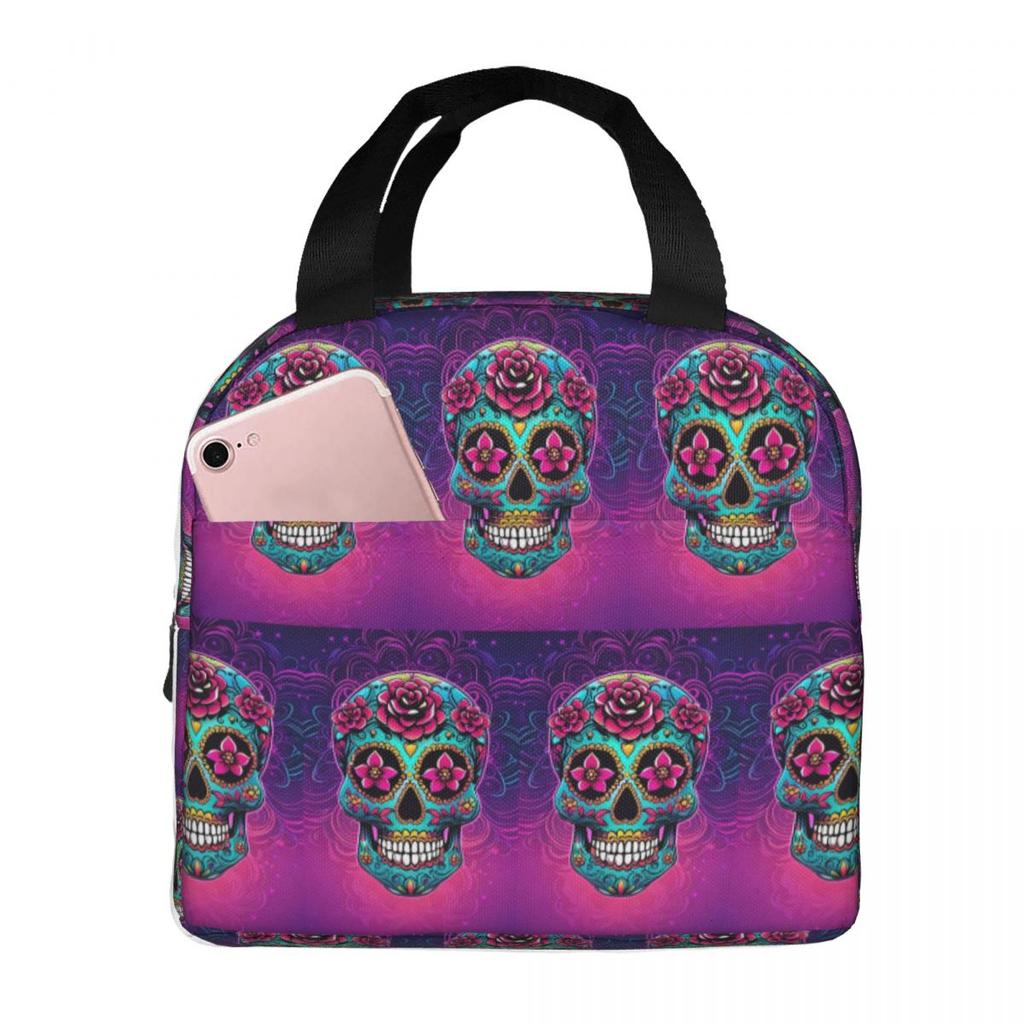 Mexican Sugar Skulls And Flowers Insulated Lunch Bag for Women Kids Portable Food Boxes Thermal Lunch Box Tote