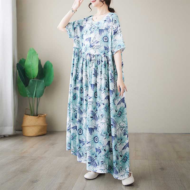 

Простые Модные Летние Новые Увеличенные Платья с Коротким Рукавом и Круглым Вырезом с Принтом One Size зелёный