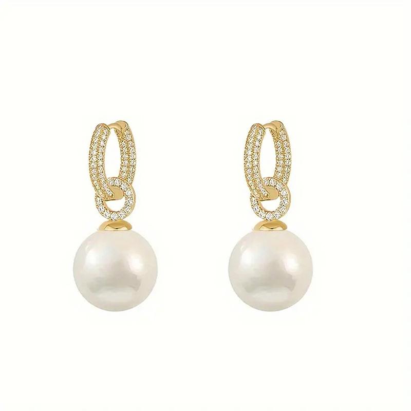 Huitan Elegant Gold Color Imitation Pearl Dangle Earrings for Women Brilliant Crystal CZ Wedding Daily Temperament Lady Zircon
