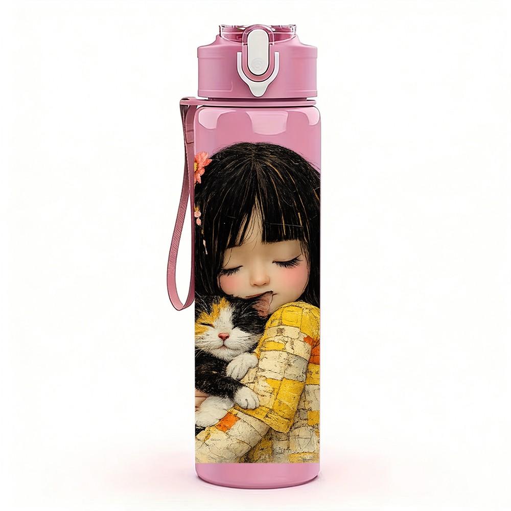 1PC Little Dark Hair Girl Hug Doll Print 750ml Color Plastic Sports Water Bottle Leakproof Flip Straw Lid Suitable for Sports Office Home Use