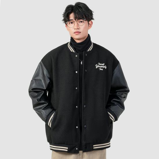 Men's Retro Patchwork PU Leather Baseball Jacket - Embroidered Casual Autumn/Winter Style