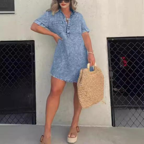 Damen Sommer Denim V-Ausschnitt Ärmel A-Linie Zerrissener Saum Kurzes Kleid Revers Über Knie Länge Brusttasche