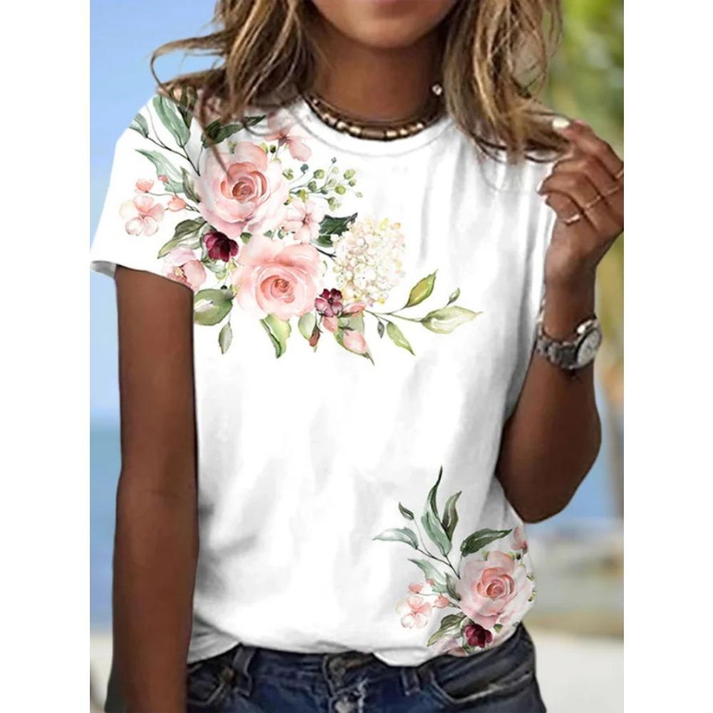Tricou de Damă 2025 Street Fashion Floare Imprimat 3D Mânecă Scurtă Zilnic Versatil Casual Larg Gât Rotund Top Îmbrăcăminte de Damă