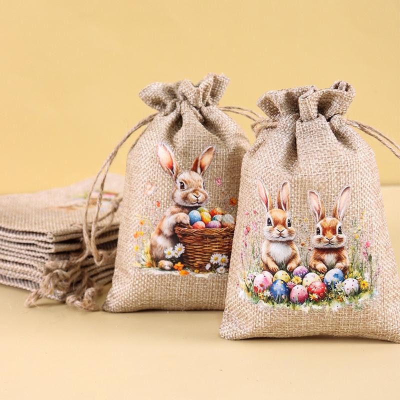6Pcs Easter Linen Gift Bag Bunny Candy Cookie Packaging Bags Spring Easter Party Favor Supplies Kids Gifts Easter Decor 2026