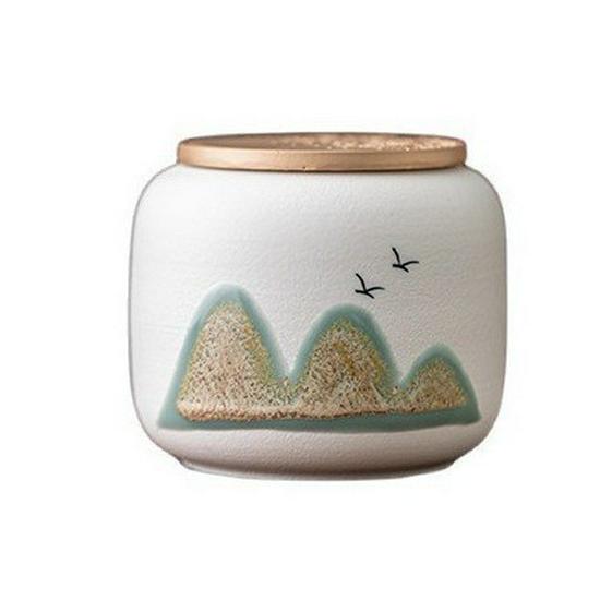 Hand-painted Black Ceramic Tea Caddy with Distant Mountain Design - Small, Simple, Sealed for Freshness