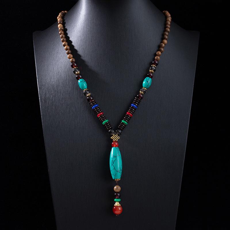 Ethnic Retro Vajra Bodhi Pendant Necklace with Wooden Beads