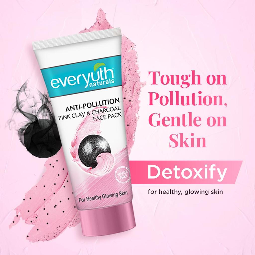 Everyuth Naturals Anti Pollution Pink Clay Charcoal Face Pack 100g For All Skin Types Oily Dry Detoxifying