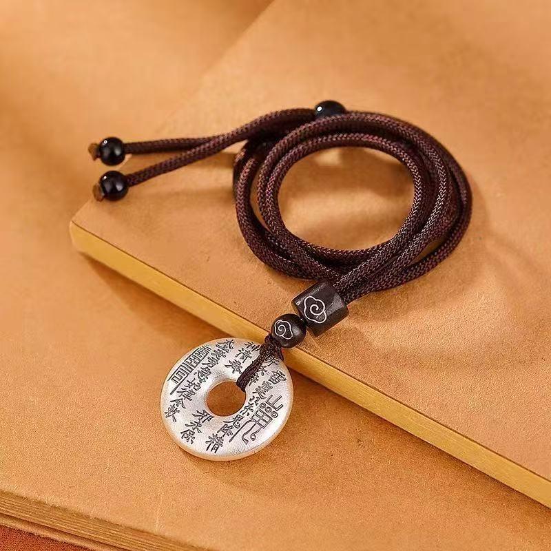 Sterling Silver Bagua Pendant Necklace with Woven Rope - Chinese Style Unisex Design