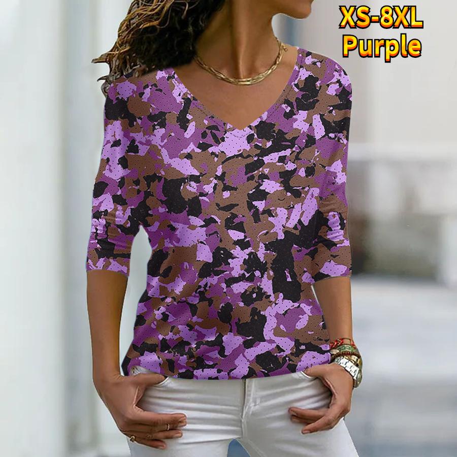 

Женские осенние серые и белые футболки с длинными рукавами с цветочным принтом и камуфляжным принтом, свободные футболки с v-образным вырезом размера плюс, топы, удобная блузка XL фиолетовый