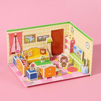 Cartoon 3D Model 3D Room Model Puzzle Kitchen Bedroom 3D Room Cardboard Handmade Bathroom Room Model Craft