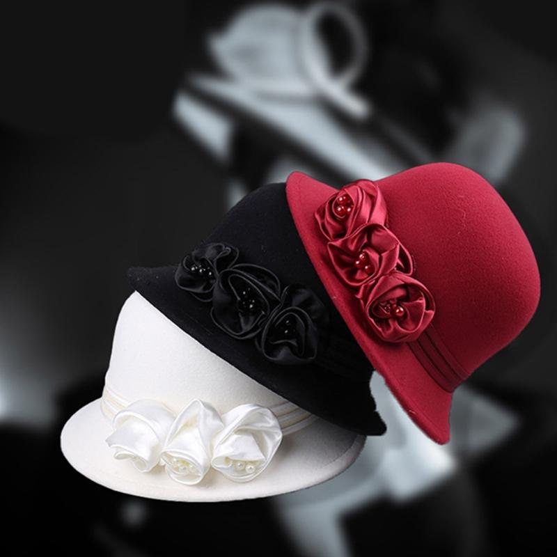 Vintage Silky Flower Hat Winter Warm Dome Hat Women Wool Cloche Hat Headwear