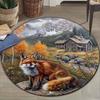 Flannel Printed Round Rug With Fox Mountain Cabin Design For Home Decor Soft Floor Mat Nature Art Theme Rustic Style