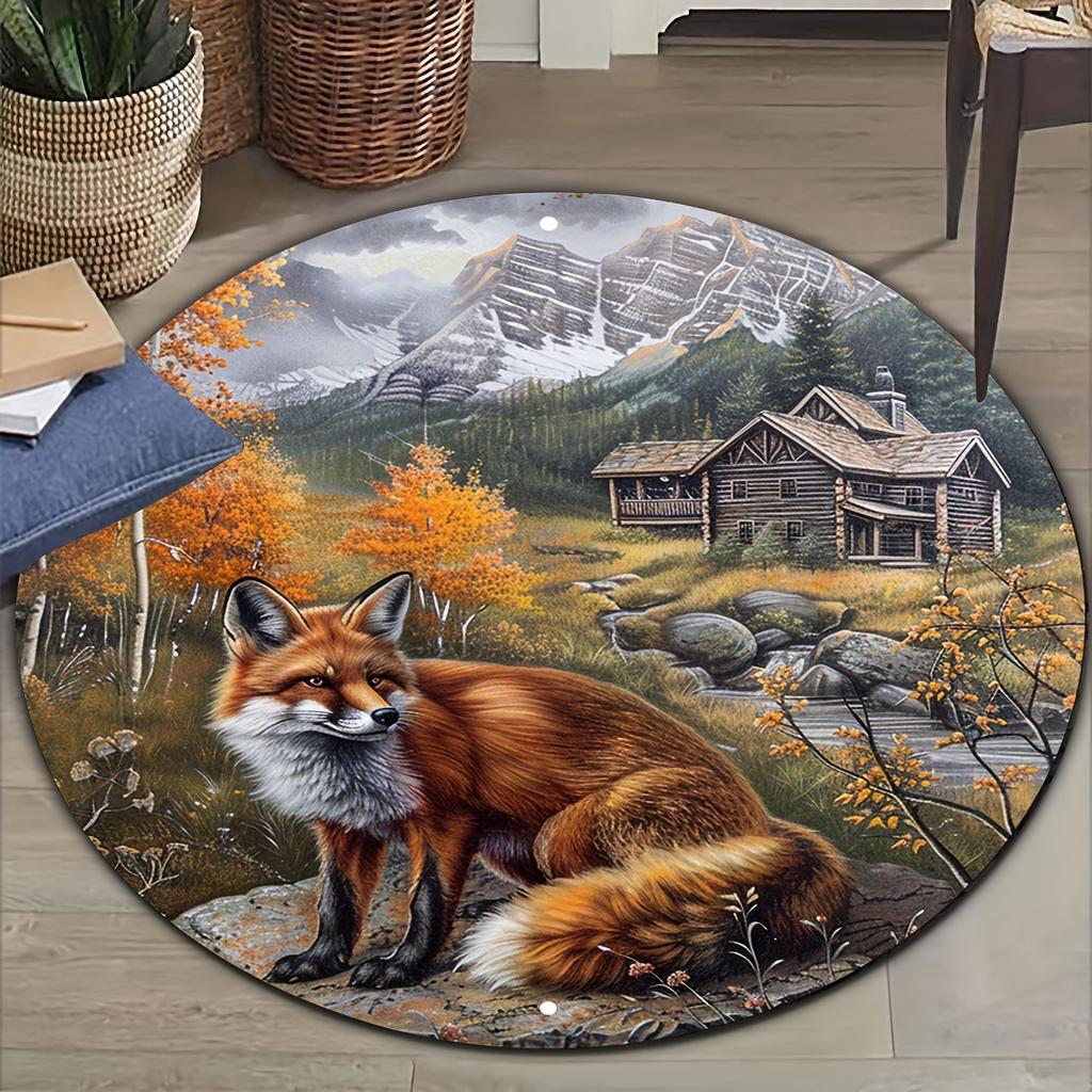 Flannel Printed Round Rug With Fox Mountain Cabin Design For Home Decor Soft Floor Mat Nature Art Theme Rustic Style