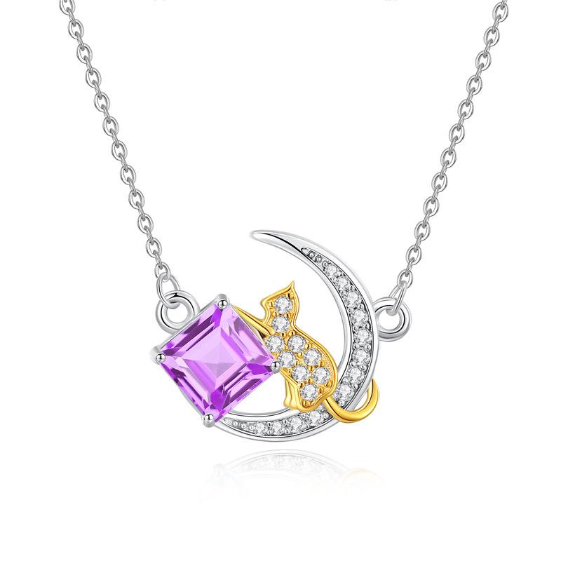 

S925 Sterling Silver Moon Star Necklace for Women Natural Stone Pendant Cute Cat Clavicle Chain Fashion Retro Jewelry Gift 925 silver