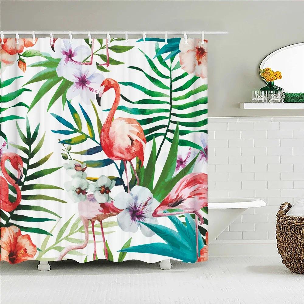 Flamingo Shower Curtains Green Leaf Bathroom Waterproof Polyester Fabric Printing Shower Curtain Decoration Bath Screen