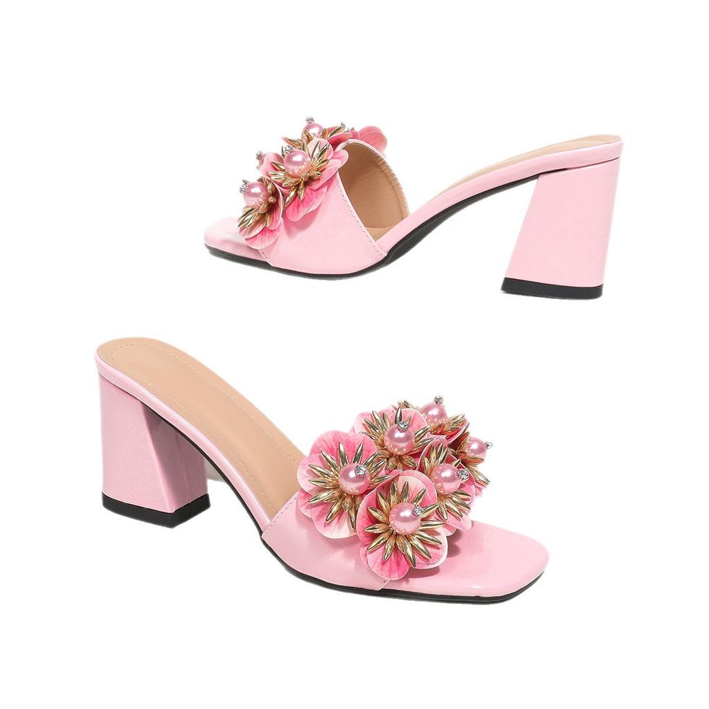 Square Toe Thick Heel High-heeled Sandals with High-end Feel, Pearl Diamond Handmade Flower Elegant and Comfortable Banquet Wedding Shoes for Women