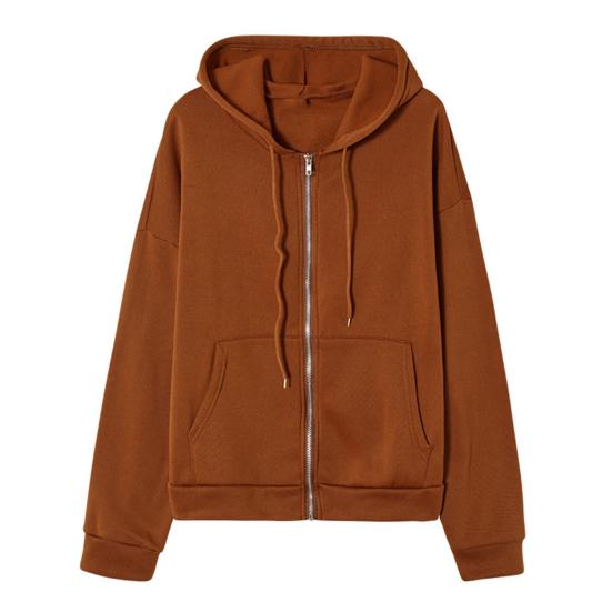 Women Hoodies Hooded Zipper Autumn Winter Thick Solid Color Drawtring Sweatshirt Coat for Daily Wear