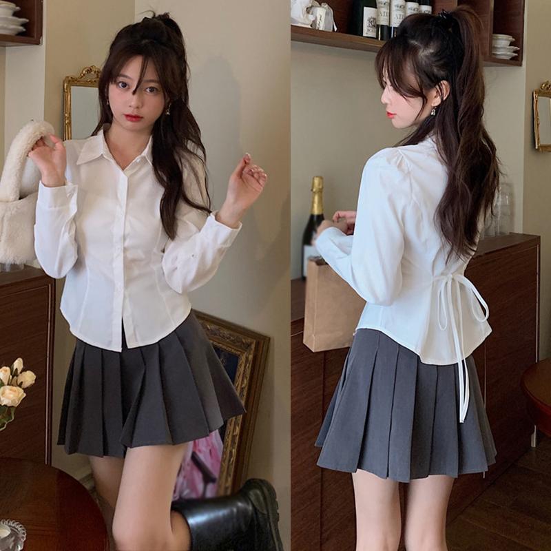 

Женская белая рубашка повязка однобортная отложная рубашка с отложным воротником девчачьи повседневные пуховки с длинным рукавом топы