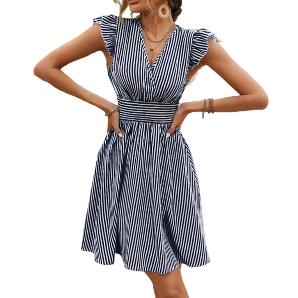 Women's Dress V-neck Striped Casual Dress Flying Sleeves Elastic Waist Dress