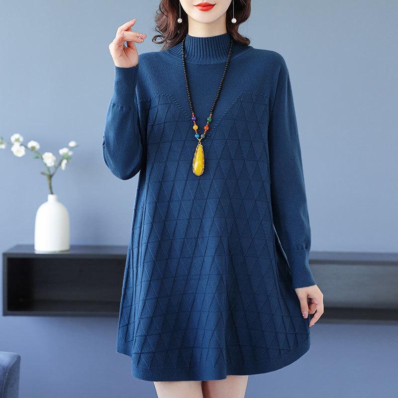Half Turtleneck Knitted Dress for Women In Autumn and Winter Long-sleeved Mid-length Sweater Loose and Casual Pullover