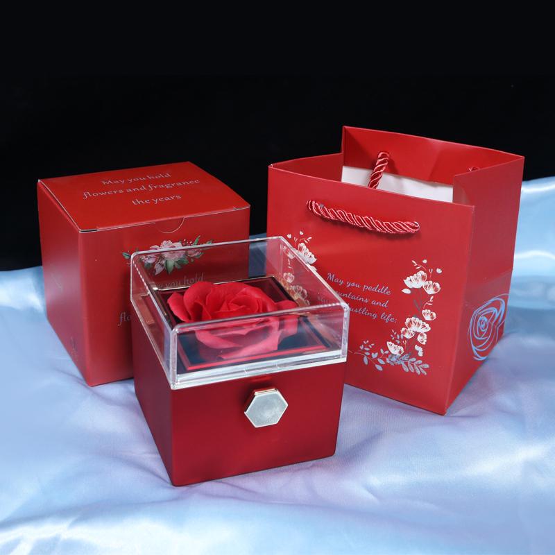 Manual Rotating Preserved Flower Jewelry Box with Necklace Ring Holder Luxury Acrylic Eternal Rose Box for Anniversary Gift Plastic&Soap Flower