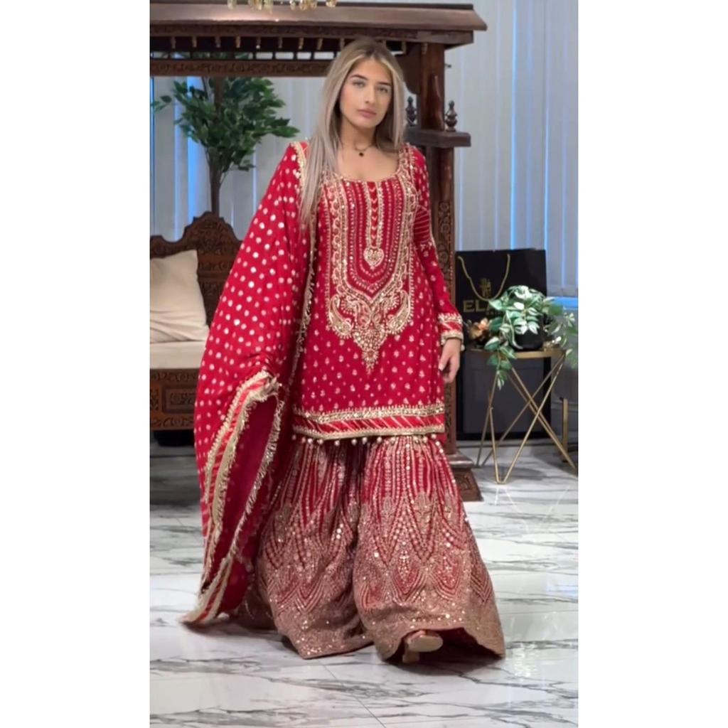 Launching New  Đěsigner Party Wear Look Heavy Faux Georgette Top Plazzo & Dupatta Set