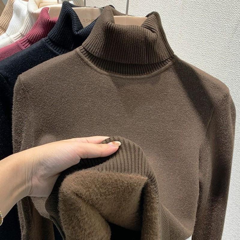 Womens Warm Knit Turtleneck Sweater With Fleece Lining Slim Fit Long Sleeve Top Winter