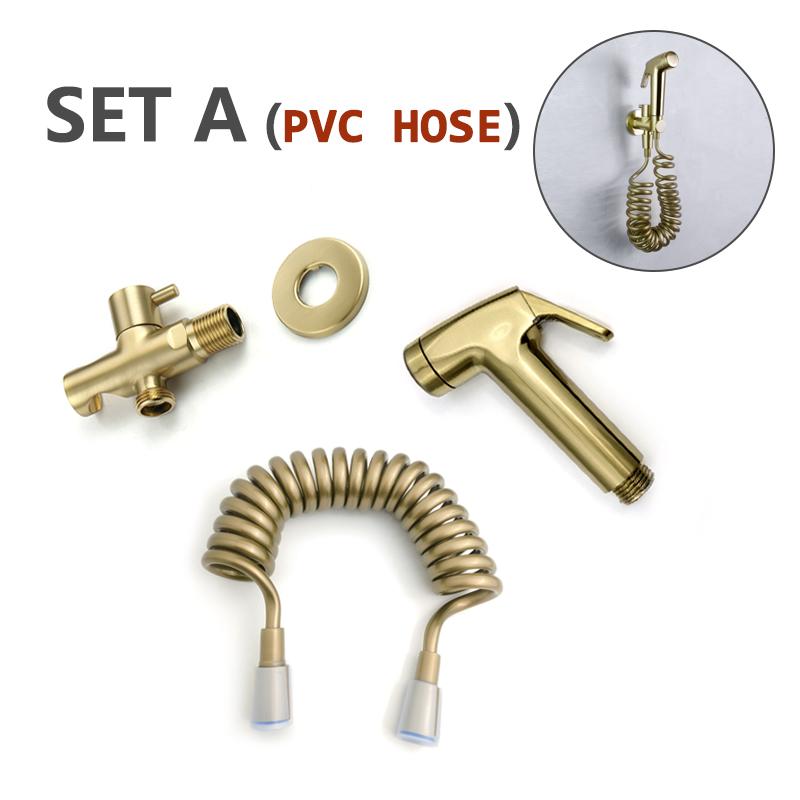 Bidet Sprayer Brushed Gold Bathroom Clean Toilet 2 Functions Water Flow Brass Body Stainless Steel/PVC Hose