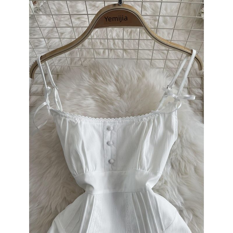 White Sleeveless Sling Irregular Dress Women's Summer 2024 New Arrival Fancy Oblique Mid Length Long Length Skirt