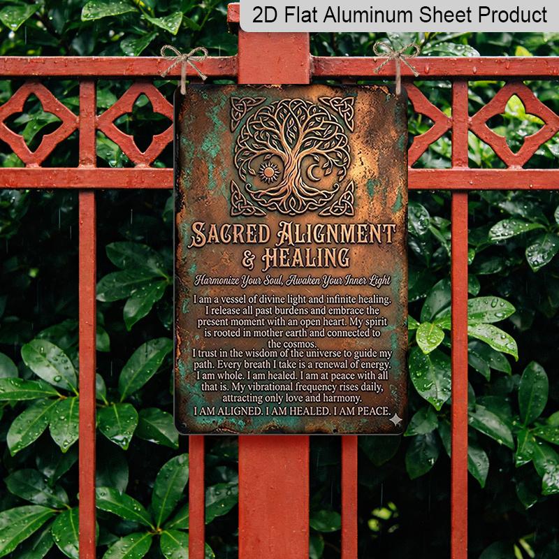 2D Flach, Vintage 7,87*11,8 Quadratische Aluminium-Wandplakette Heiliger Baum Totem mit Heiltext, Ideal für Haus- und Bürodekoration, Wohnzimmer, Café