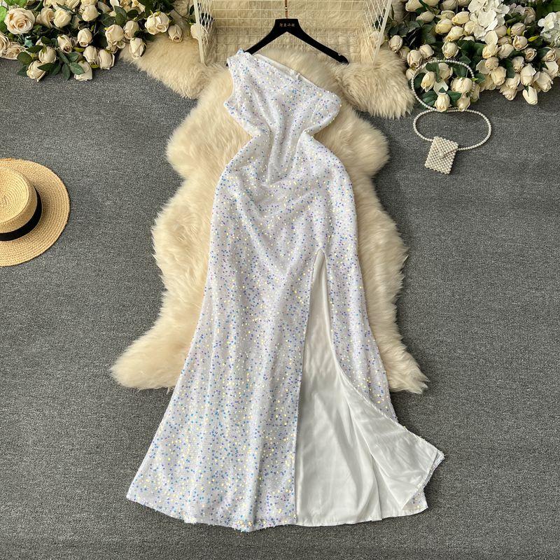 

Accessible Luxury One-Shoulder Cold-Shoulder Silm Long Dress Gown White S