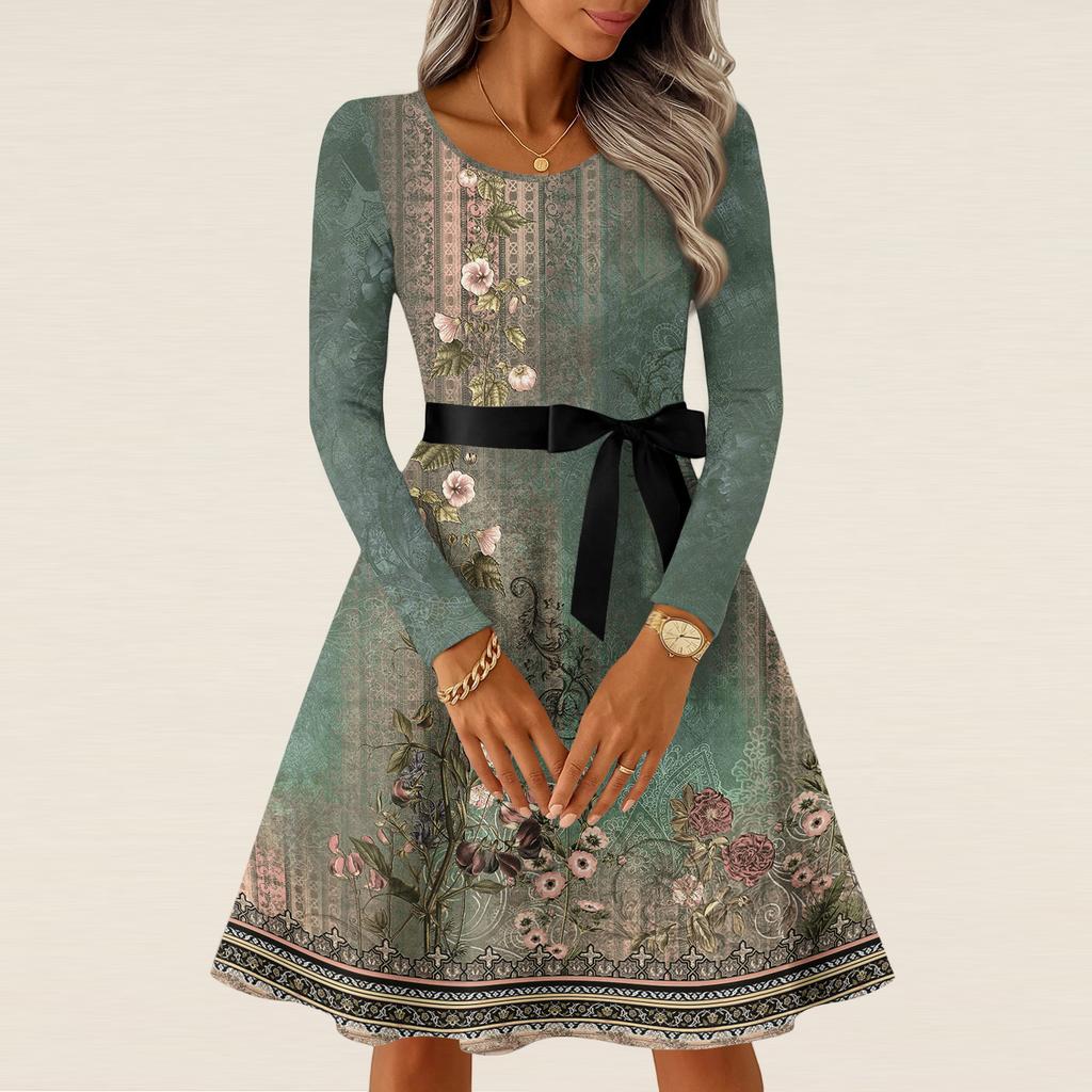 Women's Casual Fashion Long Sleeve  Vintage Long Dresses