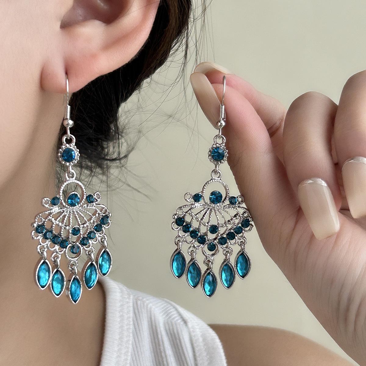 Blue Rhinestone Tassel Stud Earrings with Inlaid Pendant - Retro Ethnic Style
