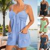 Damen Romper mit mittlerer Taille, Ketten-Trägern, Schleife, Taschen, ärmellos, kurz, lässiger Jumpsuit