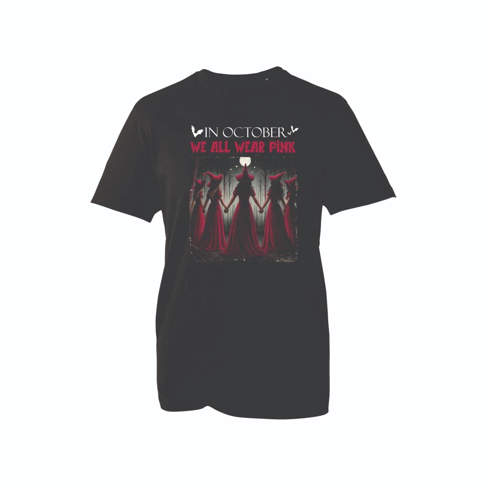 In October We All Wear Pink Witchs Halloween Graphic T-shirt Unisex Tee Top L