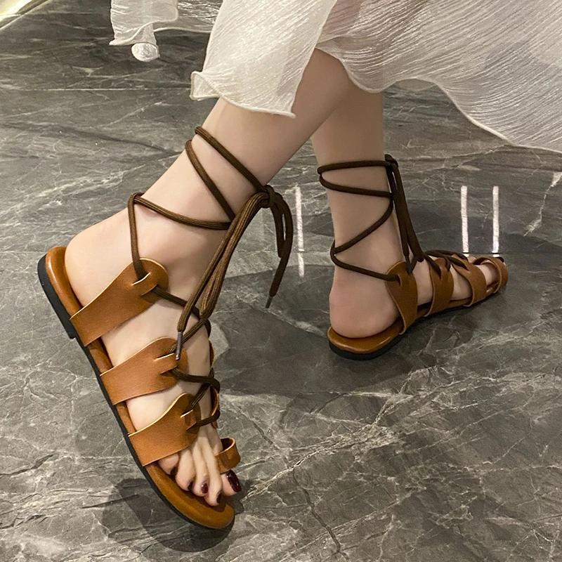 Women Sandals 2025 Summer New Fashion Flat Open Toe  Tie Ladies Shoes Casual Elegant Dress Lace Up Beach Gladiator Sandals