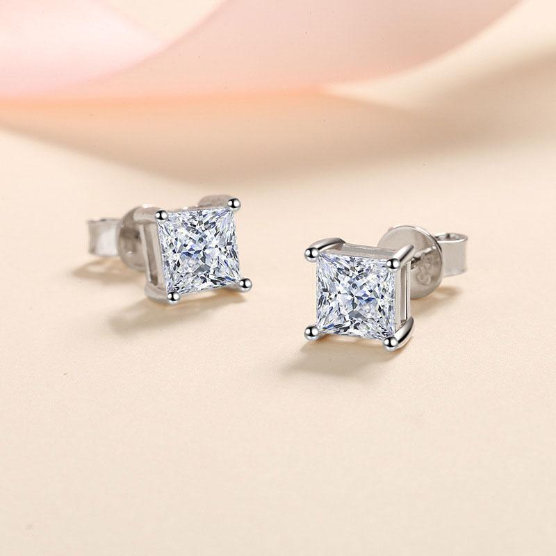KNOBSPIN D Princess Cut Moissanite Earring S925 Sliver Plated with White Gold Earrings for Women Fine Jewelry