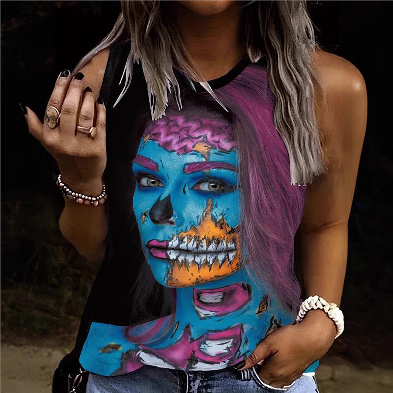 

Gothic Punk Skull Portrait Round Neck Halloween Vest - European & American Festival Costume for Women M